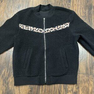 ZYIA Active Black Leopard Flying V Fleece Jacket Full Zip Womens Large L